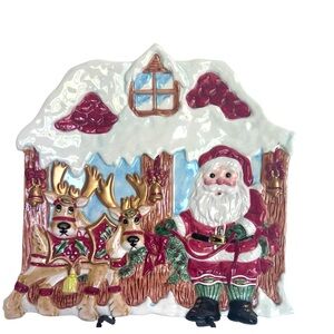 Festive Santa and Reindeers at the Barn Decorative Plate by Fitz and Floyd.